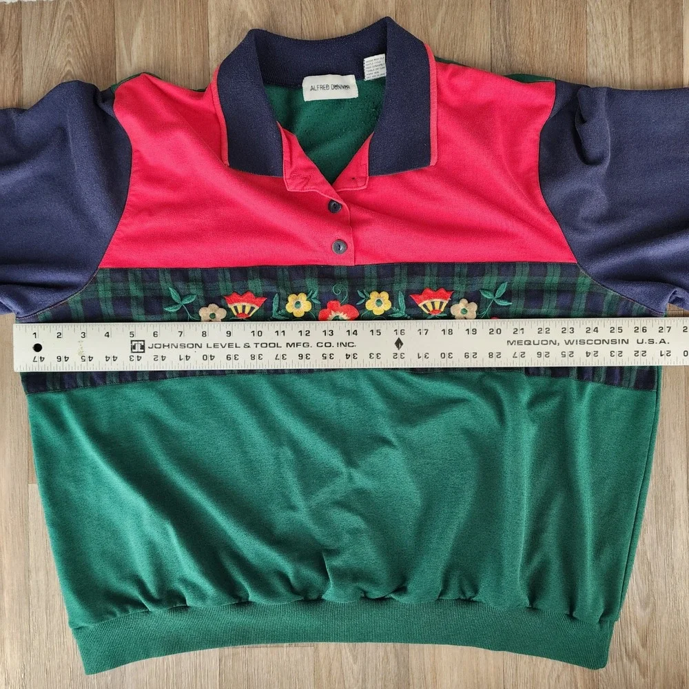 Vintage Alfred Dunner Colorblock Floral Plaid Sweatshirt 3X Red Green Navy